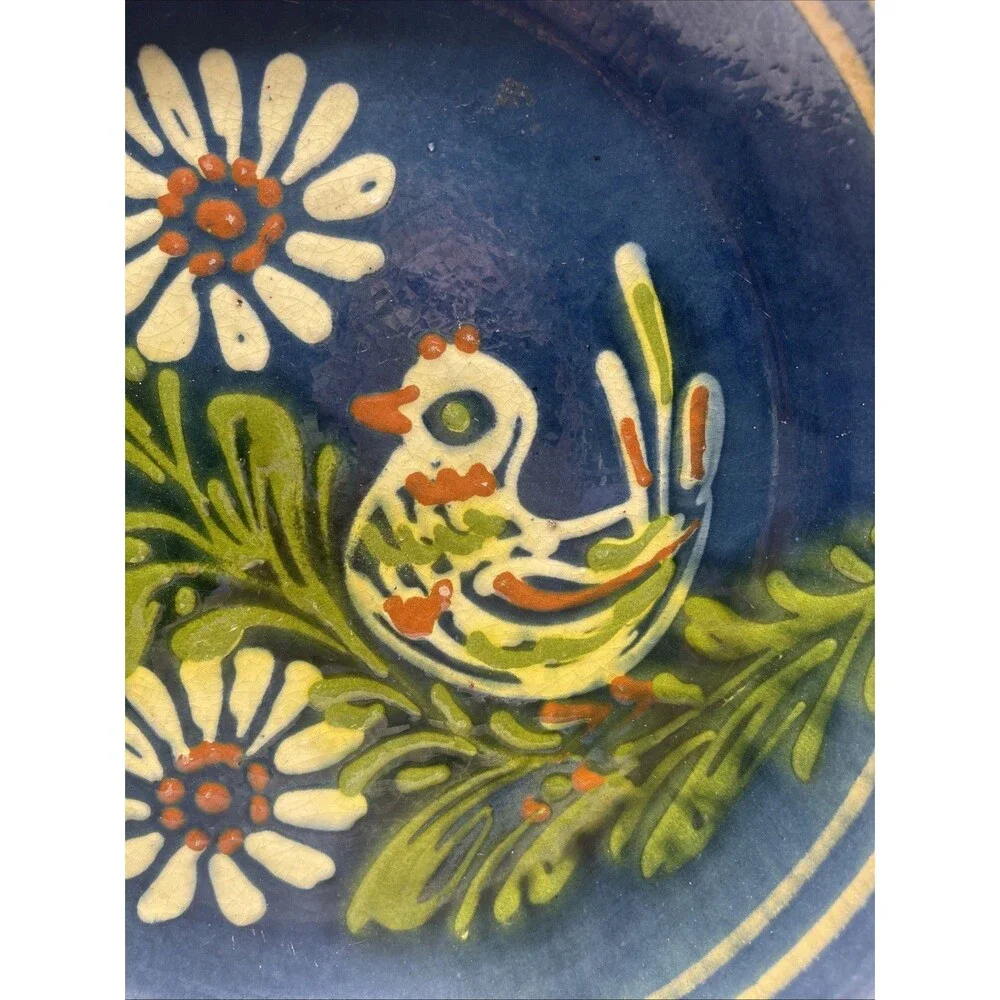 Vintage Mexican Folk Art Hand Painted Large Platter Serving Tray & Pitcher w/Lid
